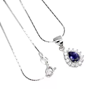 Collana In Argento Sterling 925 Con Iolite Blu Simulato Di Cz 16in 7x5mm - Foto 1 di 10