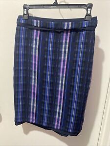 Banana Republic Skirt Womens Blue Purple Plaid Pencil Straight Lined Knee Length