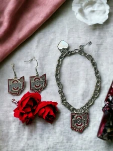 Ohio State Buckeyes State Design Bracelet and Dangle Earrings - Stainless Steel - Picture 1 of 1