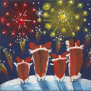 4x4 IMPRESIÓN DE PINTURA RYTA PEMBROKE GALÉS CORGI ARTE POPULAR FUEGOS ARTIFICIALES AÑO NUEVO NAVIDAD - Imagen 1 de 1