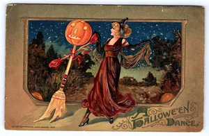 Halloween A Hallowe'en Dance Woman Jack-O-Lantern Broom Winsch Postcard KB48 - Picture 1 of 2