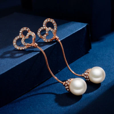 18K Rose Gold Filled Made With SWAROVSKI PEARL Heart Snake Chain Drop Earrings Foto 1 de 4