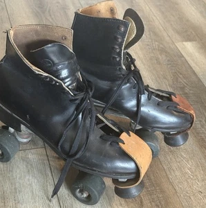 VTG Men’s Riedell Black Leather Roller Skates Hang Ten Wheels Toe Guards Size 10 - Picture 1 of 15