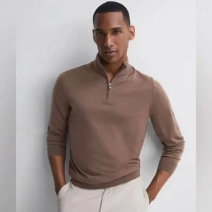 REISS Blackhall Merino Wool Quarter Zip Sweater Brown Minimalist Men's Small - Picture 1 of 10