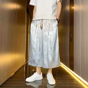 Men Cropped Pants Straight Trouser Dragon Pattern Beach Shorts Summer Retro Cosy - Picture 1 of 10