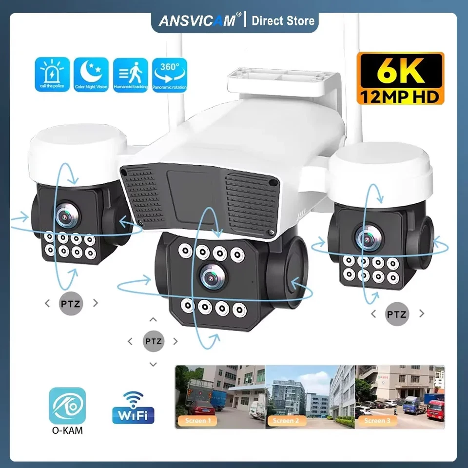6K Outdoor Security Camera CCTV 12MP PTZ Triple Lens Night Vision 10X Zoom - Image 1 of 4