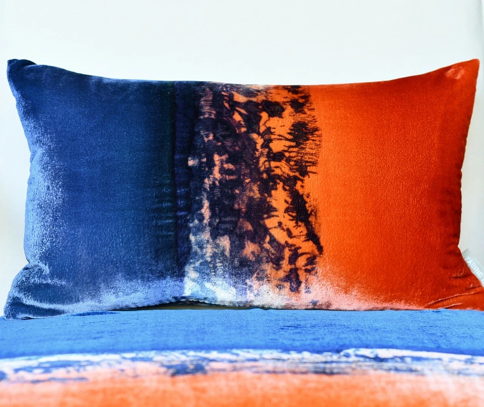 Fabric17 Velvet Lumbar Pillow Cover 12" x 20" Hand Dyed Blue & Red Abstract Art - Image 1 of 4