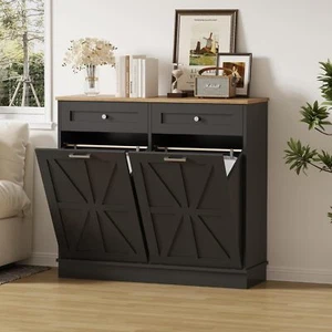 Tilt Out Trash Cabinet w/Solid Wood Tabletop & Drawer 20 Gal Capacity Black - Picture 1 of 7