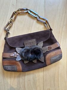 Valentino Garavani brown leather handbag with fur flowers and acrylic strap