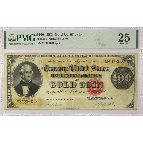 1882 $100 Large Gold Certificate, PMG VF 25 - FR#1213 Cover