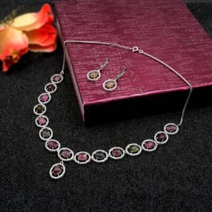 Multi-Tourmaline &White Topaz Necklace Set 925 Silver Necklace Set For Women's - Picture 1 of 6