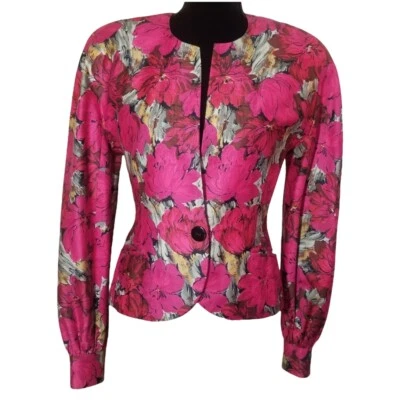 Vintage 1980's Gibson Palermo Shocking Pink Print Silk Jacket sz 8 - Imagem 1 de 4