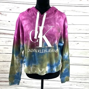 Calvin Klein Jeans Womens Monogram Logo Tie Dye Hoodie Purple Combo Sz S New - Picture 1 of 10