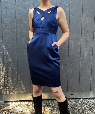 Marc Bouwer Glamit Y2K blue Midi Strappy Dress Pockets Empire Waist Silk 4 S - Image 1 of 4