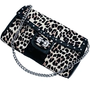 White House Black Market Leopard Print Clutch Shoulder Bag Purse Black Cream - Picture 1 of 11