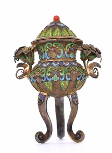 Chinese Gilt Solid Silver Enamel Filigree Coral Censer Incense Burner Marked - Picture 1 of 9