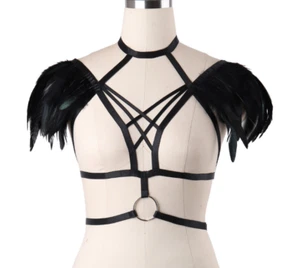 Black Feather Shouldered Harness with ring Gothic Pride Angel Demon - Picture 1 of 3