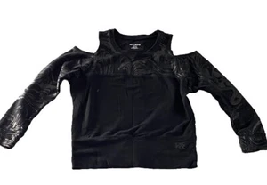 DKNY Cold Shoulder Schwarz Silber Pullover Sweatshirt Oberteil, Damen XS, Grafikdesign - Bild 1 von 13