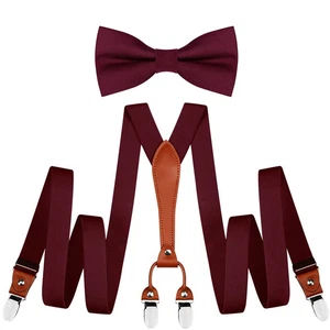 Suspenders & Bowtie Set Men's Elastic Band Suspenders + Bowtie for Burgundy - Picture 1 of 5