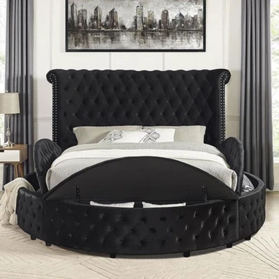 SLEEK Round Storage Black Velvet Bed Queen King Contemporary Optional Nightstand - Image 1 of 4