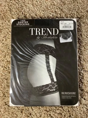 Berkshire Silky Sheer Sexy LACE GARTER STOCKINGS Nylons 4909 Size A-B BLACK - Image 1 of 2