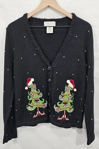 VTG Mandal Bay Christmas Tree Cardigan Sweater Black Women S Beaded Applique 90s - Picture 1 of 14