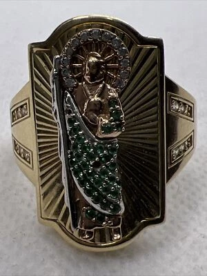 Anillo religioso para hombre SANTO JUDE oro tricolor sólido 14K blanco y verde circonita cúbica 11,2 gr. Foto 1 de 4
