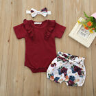 3Pc Baby Girl Infant Clothes Set Romper Jumpsuit Bowknot Floral Shorts Outfits C