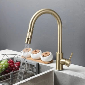 Gebürstetes Gold ausziehbarer Küchenarmatur Sprühgerät Einzelgriff drehbar Spüle Mixer Wasserhahn - Bild 1 von 13