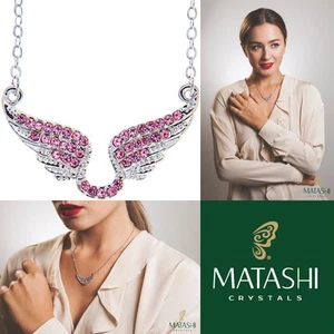 Collar enchapado en rodio de 16" con alas de ángel y cristales rosados de calidad de Matashi - Imagen 1 de 7