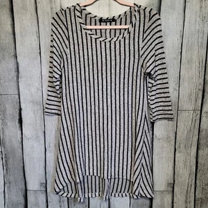 Coin 1804 Top Womens Medium Gray Black Striped 3/4 Sleeve Tunic Top - Picture 1 of 13