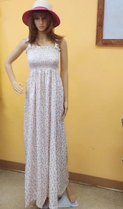 Shirred Summer Long Floral Dress with Long Sleeve White T-Shirt-White/Peach Pink - Picture 1 of 3