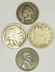 Liberty V Nickel (4) Set - Büffelstahl Weizen indischer Kopf gemischt alte US-Münzen - Bild 1 von 2