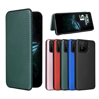 Funda para tarjeta de cuero abatible magnética de fibra de carbono de lujo para teléfono Asus ROG 9/9 Pro Foto 1 de 4