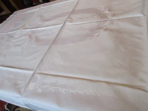 schöne alte Halbleinen Damast Tischdecke Tafeltuch pastellgelb weiss - Bild 1 von 9