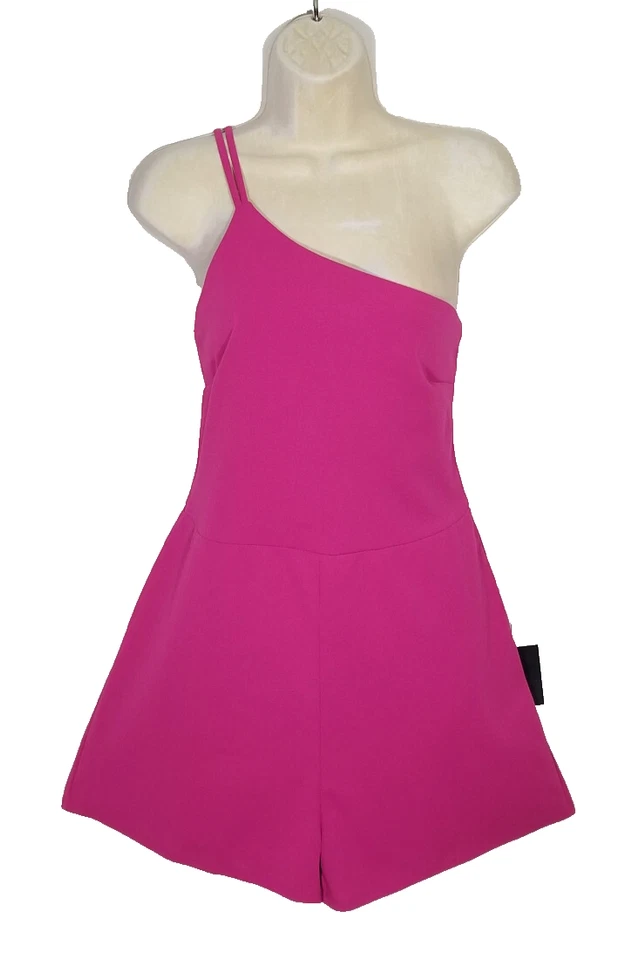 Lulus Women Size XL Hot Pink Romper One Shoulder Double Straps Stretch Lined NEW - Image 1 of 4