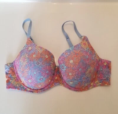 No Boundaries Bra 40C Blue Multicolored Flower Lace Overlay 💐 Padded Underwire  - Image 1 of 4