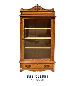 ANTIQUE VICTORIAN TIGER OAK SINGLE DOOR BOOKCASE / CHINA CABINET WITH GLASS DOOR - Picture 1 of 15