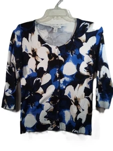 White House Black Market Cardigan Women M Blue Floral Scoop Snaps 3/4 Sleeve - Picture 1 of 19