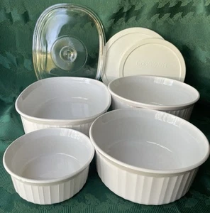 Corning Ware Ribbed French White 3 Round & Oblong Casserole 3 Lids Set of 7 - Picture 1 of 11