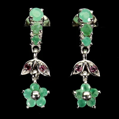925 Sterling Silver Earrings Round Emerald Rhodolite Garnet Gemstone Jewelry - Image 1 of 4