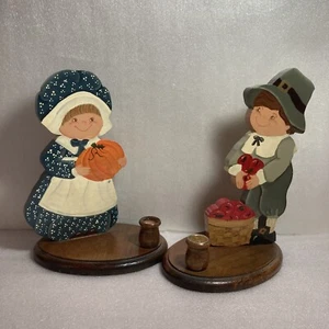 Pilgrim Candle Holders Apple Pumpkin Thanksgiving Settlers Single Taper VTG Wood - Picture 1 of 12