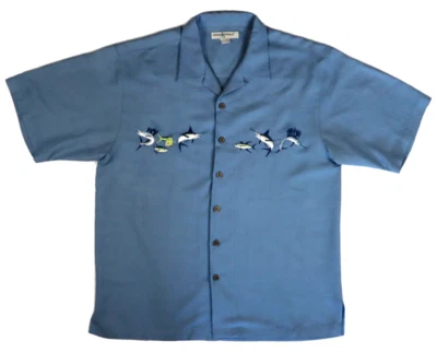 HOOK & TACKLE Size L Blue Embroidered Button Shirt MARLINS TUNA Fish - Image 1 of 4