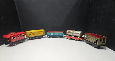 1930' Marx Tin Litho 5 Freight Car Set Caboose Tank Car Hopper Gondola Reefer - Image 1 of 4