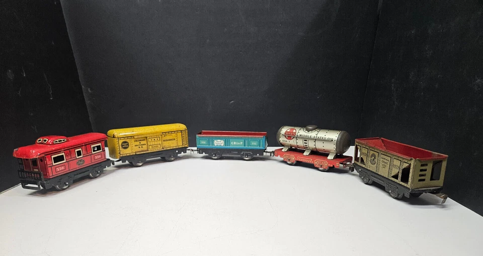 1930' Marx Tin Litho 5 Freight Car Set Caboose Tank Car Hopper Gondola Reefer - Image 1 of 4