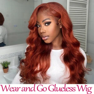 Wear and Go Glueless Wigs Reddish Brown Body Wave Human Hair Free Part Lace Wigs - Picture 1 of 9