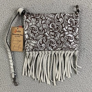 Justin Convertible Shoulder Bag Wristlet Leather Fringe Brown Embossed Tooled - Picture 1 of 13