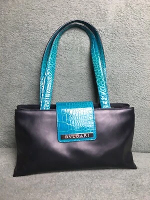 BVLGARI 黑色橡胶皮革 Croco 复古手提包 — 第 1/4 张图片