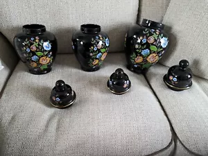 More details for set of 3 black floral urns, with lids