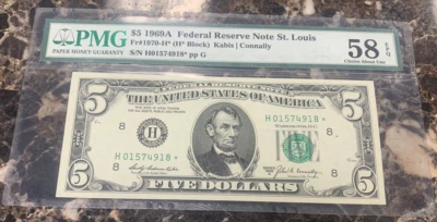 1969A $5 Federal Reserve STAR Note ~ PMG 58EPQ ~ Fr# 1970-H* ~ St. Louis - Image 1 of 4